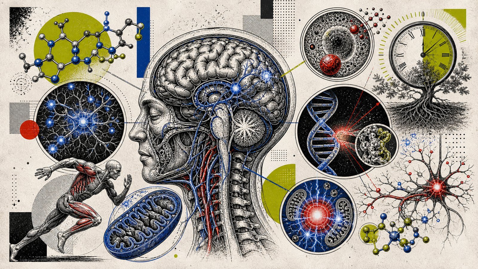NMN NAD+ yenilenmesi, mitokondri enerjisi, DNA onarımı, hücresel yaşlanma saati ve nöral metabolizmayı gösteren anatomik kapak görseli.