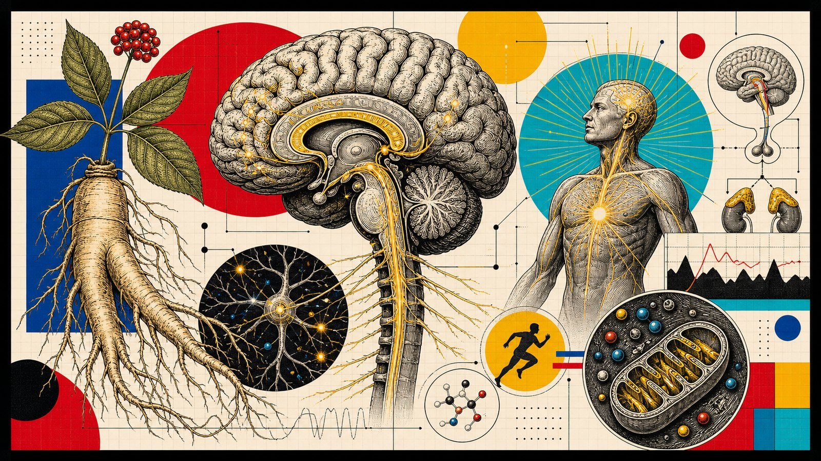 Panax Ginseng adaptogen enerji, beyin-omurilik ekseni, ginseng kökü, mitokondri ve HPA aksını gösteren kapak görseli.