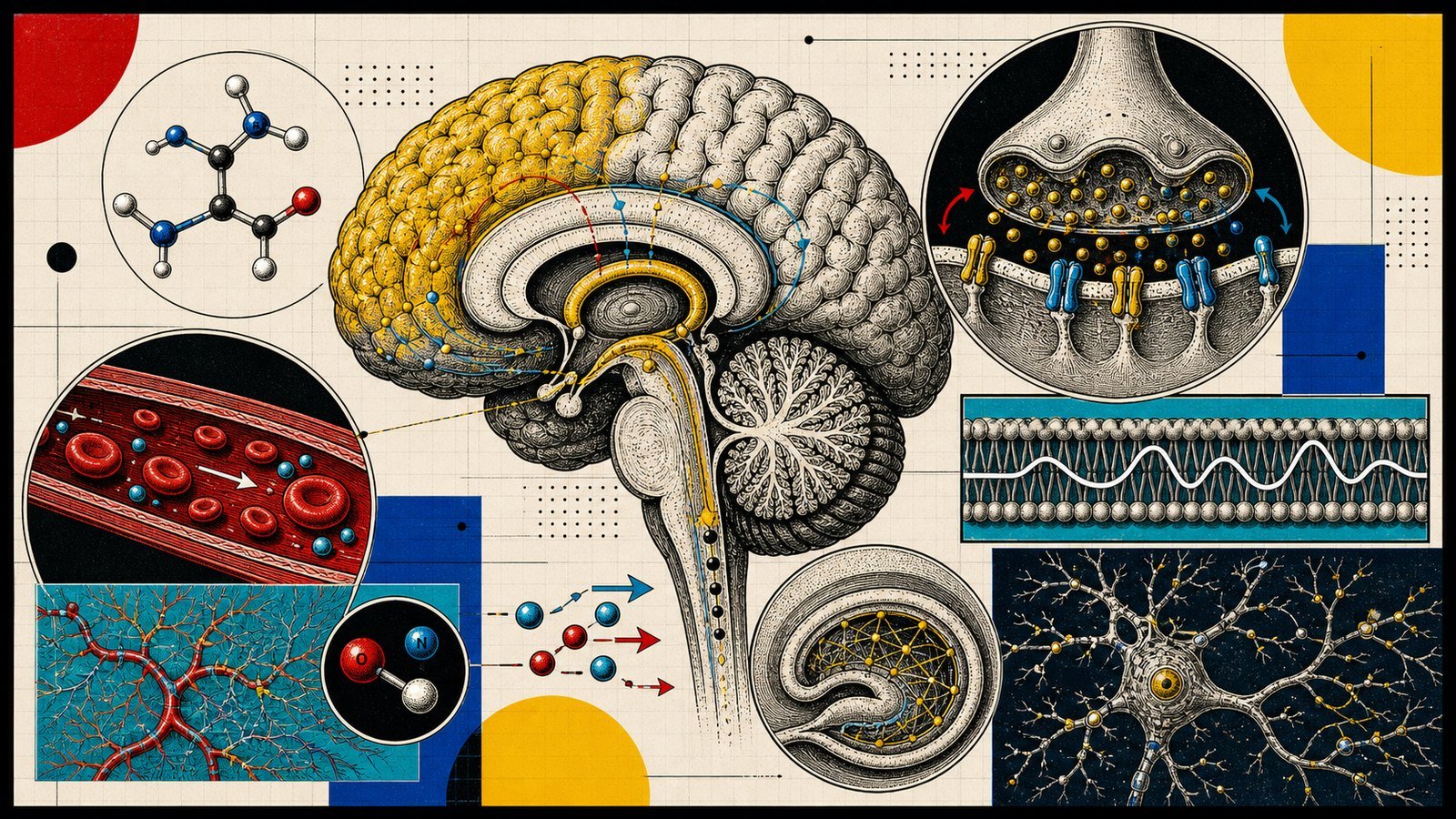 Piracetam AMPA modülasyonu, membran akışkanlığı, serebral oksijen-glukoz kullanımı ve öğrenme devresini gösteren kapak görseli.