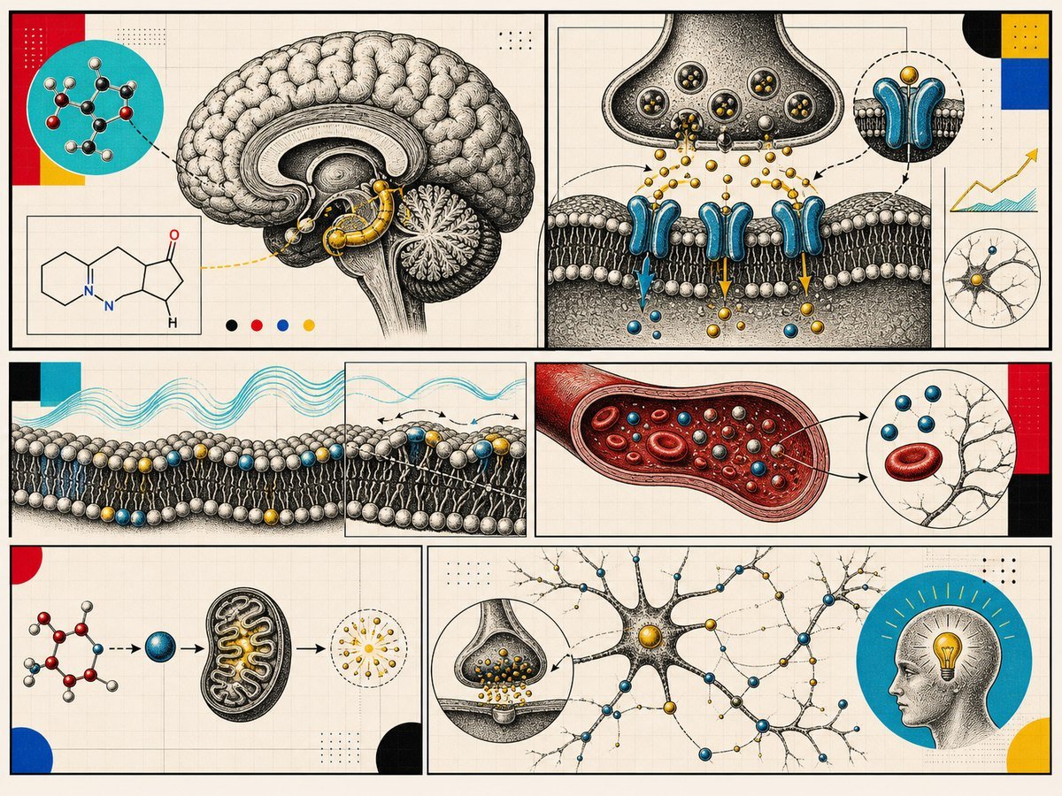 Piracetam AMPA reseptörü, fosfolipit membran akışkanlığı, oksijen-glukoz metabolizması ve hipokampal öğrenme mekanizma görseli.