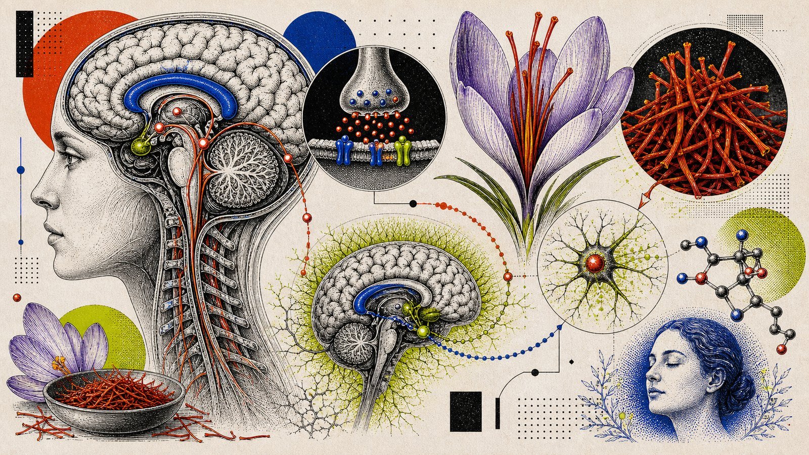 Safran ekstresi serotonin ruh hali yolu, limbik denge, crocus sativus stigma lifleri ve antioksidan nöroproteksiyonu gösteren anatomik görsel.