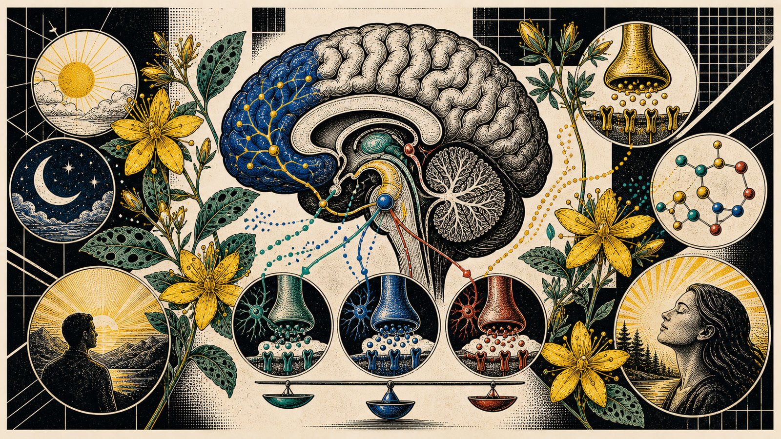 Sarı Kantaron çiçekleri, monoamin ruh hali yolları, serotonin-dopamin-norepinefrin dengesi ve mevsimsel ışık etkisini gösteren anatomik neo-brutalist kapak görseli.