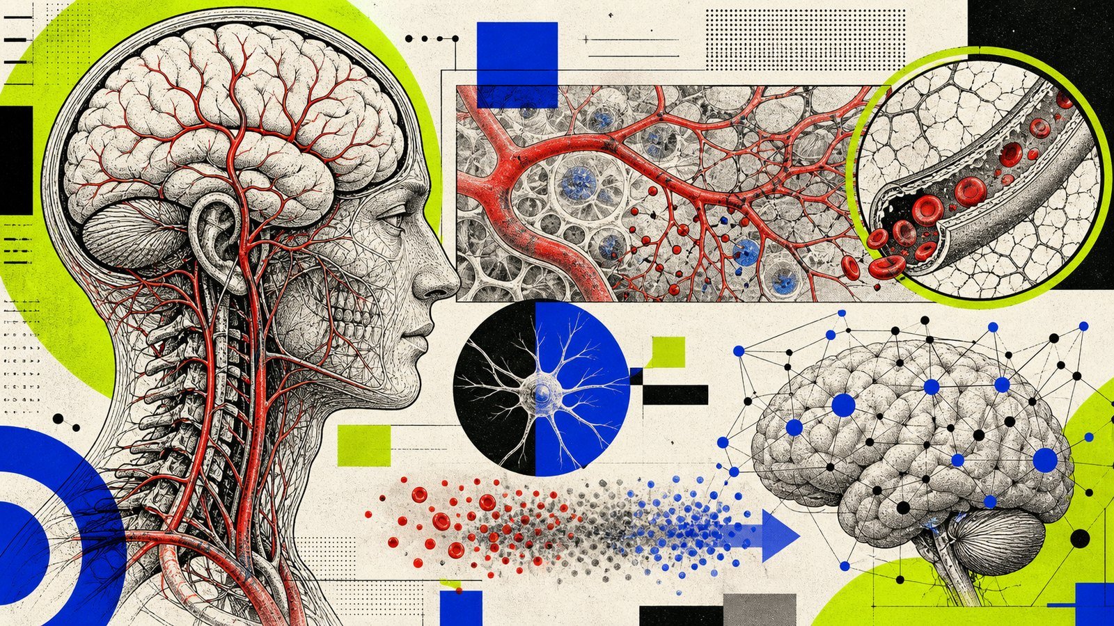 Vinposetin serebral kan akışı, mikro dolaşım, oksijen-glukoz taşınması ve odak-hafıza ağını gösteren anatomik neo-brutalist beyin görseli.