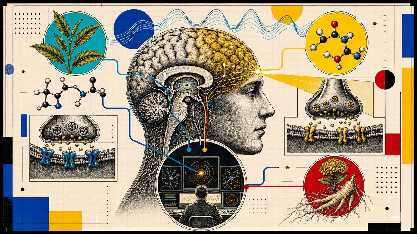 Odak ve üretkenlik stacki için özel prefrontal korteks, alfa dalgaları, asetilkolin sinapsı ve adaptojen yolak görseli.